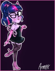 Size: 1186x1536 | Tagged: safe, artist:artmlpk, sci-twi, twilight sparkle, equestria girls, g4, ;p, alternate design, animal costume, blushing, cat costume, cat ears, catgirl, clothes, costume, cute, female, halloween, halloween costume, looking back, one eye closed, solo, tongue out, twiabetes, wink