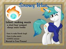 Size: 1035x772 | Tagged: safe, artist:cadetredshirt, oc, oc only, oc:snowy blue, pony, unicorn, clothes, cutie mark, full body, hoodie, horn, looking at you, magic, one eye closed, raised hoof, reference sheet, ring, simple background, smiling, solo, text, two toned mane, two toned tail, wedding ring, wink