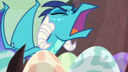 Size: 1920x1080 | Tagged: safe, screencap, princess ember, dragon, g4, sweet and smoky, dragon egg, dragoness, egg, eyes closed, female, open mouth, solo