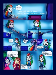 Size: 750x1000 | Tagged: safe, artist:snackcracklepop, rainbow dash, sci-twi, sunset shimmer, twilight sparkle, comic:travel thru time, equestria girls, g4, alternate hairstyle, converse, shoes