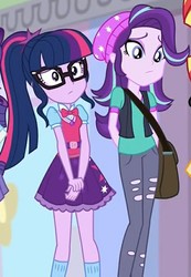 Size: 597x865 | Tagged: safe, screencap, rarity, sci-twi, starlight glimmer, sunset shimmer, twilight sparkle, human, equestria girls, equestria girls specials, g4, mirror magic, arm behind back, bag, beanie, bowtie, clothes, cropped, cute, geode of telekinesis, glasses, glimmerbetes, hat, hnnng, magical geodes, offscreen character, pants, ponytail, ripped pants, skirt, socks, twiabetes, vest