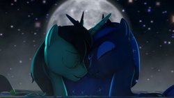 Size: 3840x2160 | Tagged: safe, artist:ludwigspectre, artist:princeoracle, princess luna, oc, oc:prince oracle, pony, g4, 2019, 3d, birthday, boop, canon x oc, february, female, high res, lunacle, male, moon, night, noseboop, shipping, source filmmaker, stars, straight