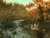 Size: 2048x1536 | Tagged: safe, artist:tinybenz, autumn blaze, kirin, g4, autumn, cloven hooves, colored hooves, crouching, female, flower, foal's breath, forest, quadrupedal, river, scenery, scenery porn, solo, stream, tree, water