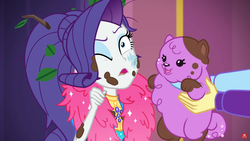 Size: 1366x768 | Tagged: safe, screencap, princess thunder guts, rarity, supernova zap, dog, equestria girls, equestria girls series, g4, lost and pound, spoiler:eqg series (season 2), cute, drool, face licking, feather boa, female, licking, lost and pound: rarity, mud, offscreen character, su-z, tongue out