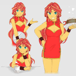 Size: 1791x1791 | Tagged: safe, artist:deeemperor, sunset shimmer, human, equestria girls, g4, adorasexy, boob window, breasts, cheongsam, cleavage, clothes, coffee, cup, cute, dress, dumplings, female, food, looking at you, sexy, shimmerbetes, smiling, solo, tray, waitress