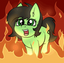 Size: 512x501 | Tagged: safe, artist:duop-qoub, artist:smoldix, oc, oc only, oc:filly anon, earth pony, pony, animated, burning, ear fluff, female, filly, fire, happy, hell, irrational exuberance, looking up, open mouth, smiling, solo, some mares just want to watch the world burn, this is fine