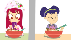 Size: 1194x669 | Tagged: safe, artist:rainbowpaintdash, artist:toybonnie54320, equestria girls, g4, barely eqg related, base used, chinese food, chopsticks, clothes, crossover, eating, equestria girls style, equestria girls-ified, food, hat, phone, strawberry shortcake, strawberry shortcake (character), tea blossom