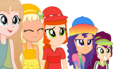Size: 1192x670 | Tagged: safe, artist:aliciathefox231, artist:toybonnie54320, equestria girls, g4, barely eqg related, base used, clothes, crossover, equestria girls style, equestria girls-ified, hat, lemon meringue (strawberry shortcake), peppermint fizz, rainbow sherbet, raspberry torte (strawberry shortcake), scarf, seaberry delight, strawberry shortcake