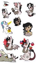 Size: 600x1067 | Tagged: safe, artist:misshoneybunn, discord, princess celestia, oc, oc:daja vu, human, hybrid, g4, baby, cupcake, cute, disguise, eating, father and daughter, female, food, hair bun, humanized, humanized oc, interspecies offspring, male, momlestia, mother and daughter, ocbetes, offspring, one eye closed, parent:discord, parent:princess celestia, parents:dislestia, ship:dislestia, shipping, simple background, spiked wristband, straight, tongue out, white background, wink, wristband