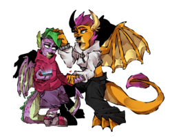 Size: 1280x1033 | Tagged: safe, artist:nokrats, smolder, spike, dragon, g4, molt down, clothes, dragoness, female, heart, hoodie, long tail, male, ship:spolder, shipping, simple background, spread wings, straight, transparent background, wing claws, winged spike, wings