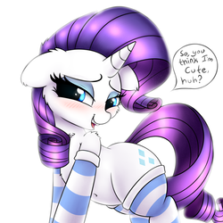 Size: 3000x3000 | Tagged: safe, artist:heavymetalbronyyeah, rarity, pony, unicorn, g4, bedroom eyes, belly button, blushing, cheek fluff, chest fluff, clothes, cute, cutie mark, dialogue, ear fluff, eyeshadow, female, flirting, floppy ears, high res, looking at you, makeup, mare, open mouth, raribetes, shoulder fluff, simple background, smiling, socks, solo, speech bubble, striped socks, white background
