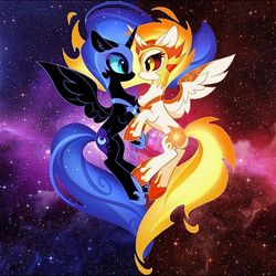 Size: 1080x1081 | Tagged: safe, artist:tomatocoup, edit, daybreaker, nightmare moon, alicorn, pony, g4, chest fluff, duo, eye contact, female, looking at each other, mare, nebula, needs more jpeg, siblings, sisters, space