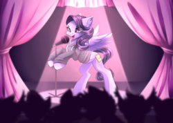 Size: 4444x3167 | Tagged: safe, artist:airiniblock, oc, oc only, oc:bee, pegasus, pony, rcf community, cheek fluff, clothes, commission, crowd, curtains, cutie mark, ear fluff, eye clipping through hair, female, hoodie, hoof hold, mare, microphone, microphone stand, open mouth, pegasus oc, rearing, singing, smiling, solo focus, spotlight, spread wings, stage, wings