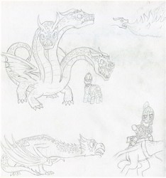 Size: 1021x1089 | Tagged: safe, artist:smt5015, dragon, earth pony, hydra, pony, wyvern, armor, description is relevant, grayscale, headcanon, headcanon in the description, helmet, monochrome, multiple heads, pencil drawing, russia, three heads, traditional art, wings, zmey