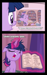 Size: 1052x1662 | Tagged: safe, edit, edited screencap, screencap, twilight sparkle, alicorn, pony, a trivial pursuit, g4, ponyville confidential, book, comparison, cropped, floppy ears, golden oaks library, library, messy mane, newspaper, rules lawyer, text, twilight sparkle (alicorn), wings