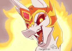 Size: 713x507 | Tagged: safe, artist:mangoshibi, daybreaker, alicorn, pony, g4, fangs, female, fire, gray background, helmet, looking at you, mare, simple background, solo