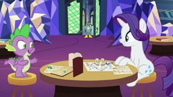 Size: 1920x1080 | Tagged: safe, screencap, gabby, rarity, spike, dragon, griffon, pony, dragon dropped, g4, dungeons and dragons, library, ogres and oubliettes, twilight's castle, twilight's castle library, winged spike, wings