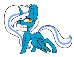 Size: 1300x1000 | Tagged: safe, artist:issime-boi, oc, oc:fleurbelle, alicorn, pony, alicorn oc, bow, female, hair bow, heart, mare, mouth hold, sign, simple background, transparent background, yellow eyes