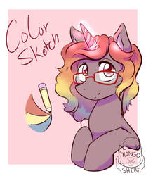 Size: 711x854 | Tagged: safe, artist:mangoshibi, oc, oc only, oc:color sketch, pony, unicorn, cutie mark, glasses, glowing horn, horn, looking at you, ponysona, rainbow hair, smiling, solo