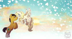 Size: 1280x698 | Tagged: safe, artist:mangoshibi, oc, oc only, earth pony, pegasus, pony, blushing, cloud, cutie mark, female, flying, heart, lidded eyes, looking at each other, male, mare, oc x oc, open mouth, shipping, sky, stallion, straight, wallpaper, wavy mouth