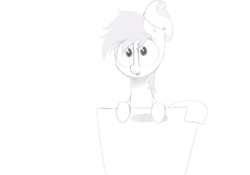 Size: 2388x1668 | Tagged: safe, artist:flotsam, oc, oc only, pony, cute, female, laundry basket, lineart, looking at you, mare, monochrome, pony in a basket, simple background, sock, solo, white background