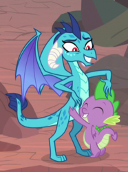 Size: 355x478 | Tagged: safe, screencap, princess ember, spike, dragon, g4, sweet and smoky, cropped, dragoness, duo, eyes closed, female, hug, male, winged spike, wings