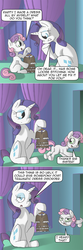 Size: 800x2404 | Tagged: safe, artist:crispokefan, rarity, sweetie belle, pony, unicorn, ask pun, g4, ask, clothes, clothes hanger, dexterous hooves, dress, female, hoof hold, long neck, pun, siblings, sisters, speech bubble, stretching
