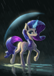 Size: 1014x1435 | Tagged: safe, artist:plainoasis, rarity, pony, unicorn, blue eyes, butt, curly hair, digital art, female, flank, glowing, glowing horn, horn, looking back, magic, mare, plot, puddle, rain, raised leg, raised tail, reflection, shield, side view, smiling, solo, tail, walking, water