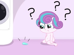 Size: 2732x2048 | Tagged: safe, artist:justsomepainter11, princess flurry heart, human, equestria girls, g4, baby, confused, diaper, equestria girls-ified, high res, kneeling, laundry, naked flurry heart, nudity, show accurate, washing machine