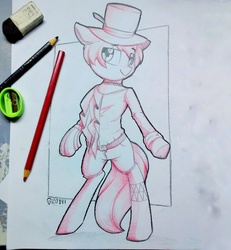 Size: 2242x2427 | Tagged: safe, artist:perezadotarts, oc, earth pony, pony, clothes, hat, high res, male, paper, pencil, photo, ponified, pose, shading, shorts, solo, top hat, traditional art