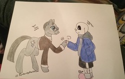 Size: 1280x813 | Tagged: safe, artist:ryudrawingblindofficial, sans smirk, earth pony, pony, g4, the last laugh, bone, crossover, male, name pun, namesake, no more ponies at source, pun, sans (undertale), skeleton, stallion, traditional art, undertale