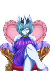 Size: 2480x3508 | Tagged: safe, artist:mantarwolf, oc, oc only, oc:freyja, changedling, changeling, anthro, unguligrade anthro, anthro oc, big breasts, breasts, busty changedling, changedling oc, changeling oc, clothes, commission, crossed legs, crown, dress, fangs, female, gift art, gloves, high res, ice changeling, jewelry, long gloves, regalia, sitting, smiling, throne, ych result