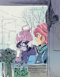 Size: 1100x1414 | Tagged: safe, artist:5mmumm5, sci-twi, sunset shimmer, twilight sparkle, equestria girls, g4, breath, chocolate, clothes, duo, duo female, female, food, glasses, hat, hot chocolate, lesbian, mittens, plants, scarf, ship:sci-twishimmer, ship:sunsetsparkle, shipping, smiling, steam, window, winter hat, winter outfit