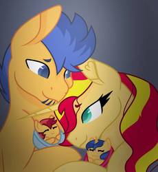 Size: 858x931 | Tagged: safe, artist:wispyaxolotl, flash sentry, sunset shimmer, oc, oc:fire wisp, oc:valor, pony, unicorn, g4, baby, baby pony, colored pupils, cute, family, female, foal, male, offspring, parent:flash sentry, parent:sunset shimmer, parents:flashimmer, ship:flashimmer, shipping, straight