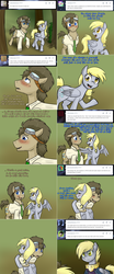 Size: 1562x3758 | Tagged: safe, artist:jitterbugjive, derpy hooves, doctor whooves, time turner, pony, lovestruck derpy, g4, ask, blushing, disguise, disguised changeling, hug, multiverse, self ponidox, theenamoredclockmaker, tumblr