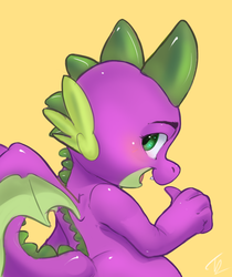 Size: 1148x1368 | Tagged: safe, artist:moondreamer16, spike, dragon, g4, male, open mouth, pointing at self, profile, simple background, solo, winged spike, wings, yellow background