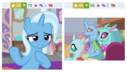 Size: 1380x776 | Tagged: safe, screencap, ocellus, trixie, changedling, changeling, pony, unicorn, derpibooru, a horse shoe-in, g4, female, juxtaposition, mare, meta, teenager