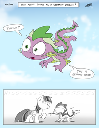 Size: 2550x3300 | Tagged: safe, artist:loreto-arts, spike, twilight sparkle, alicorn, chinese dragon, dragon, eastern dragon, pony, g4, comic, female, high res, hissing, mare, ophidiophobia, race swap, tongue out, twilight sparkle (alicorn)