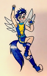 Size: 1190x1896 | Tagged: safe, artist:nightmarerara, soarin', human, g4, armpits, belt, blushing, clothes, converse, fingerless gloves, gloves, goggles, humanized, male, shoes, shorts, socks, solo, tailed humanization, tank top, traditional art, winged humanization, wings