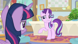 Size: 1600x900 | Tagged: safe, screencap, phyllis, starlight glimmer, twilight sparkle, alicorn, pony, unicorn, a horse shoe-in, g4, bulletin board, cabinet, desk, duo, female, house plant, mare, office, philodendron, picture frame, rug, twilight sparkle (alicorn)