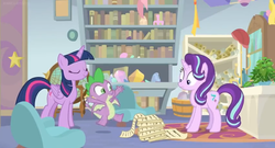 Size: 1600x862 | Tagged: safe, screencap, phyllis, spike, starlight glimmer, twilight sparkle, alicorn, dragon, pony, unicorn, a horse shoe-in, g4, bookshelf, bucket, cabinet, chair, desk, female, house plant, mare, office, philodendron, picture frame, rug, scroll, twilight sparkle (alicorn), winged spike, wings