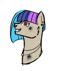 Size: 400x480 | Tagged: safe, artist:kookiebeatz, oc, oc only, oc:scavy, earth pony, pony, bust, ear piercing, earring, eye scar, female, grin, jewelry, mare, multicolored hair, necklace, nose piercing, nose ring, piercing, scar, simple background, smiling, solo, transparent background