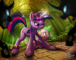 Size: 1134x897 | Tagged: safe, artist:14-bis, spike, twilight sparkle, changeling, dragon, pony, unicorn, female, gritted teeth, male, mare, protecting, shackles, unicorn twilight