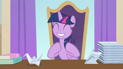 Size: 1600x900 | Tagged: safe, screencap, twilight sparkle, alicorn, pony, a horse shoe-in, g4, book, chair, curtains, female, happy, mare, napkin, napkins, office chair, origami, origami crane, smiling, solo, twilight sparkle (alicorn)