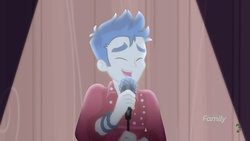 Size: 1280x720 | Tagged: safe, screencap, flash sentry, cheer you on, equestria girls, equestria girls series, g4, spoiler:eqg series (season 2), clothes, eyes closed, male, microphone, singing, smiling, solo, spotlight