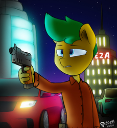 Size: 2296x2505 | Tagged: safe, artist:perezadotarts, oc, oc only, oc:pen sketchy, earth pony, anthro, aiming, car, digital art, gun, handgun, high res, lights, male, night, pistol, shadow, solo, squint, vehicle, weapon