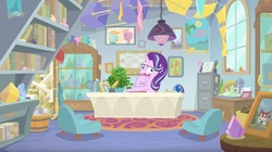 Size: 1678x940 | Tagged: safe, screencap, phyllis, starlight glimmer, pony, a horse shoe-in, g4, chair, kite, scroll, starlight's office, wavy mouth