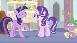 Size: 1680x940 | Tagged: safe, screencap, spike, starlight glimmer, twilight sparkle, alicorn, dragon, pony, a horse shoe-in, g4, imminent belch, imminent vomiting, puffy cheeks, scroll, starlight's office, twilight sparkle (alicorn), winged spike, wings