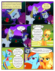 Size: 612x792 | Tagged: safe, artist:newbiespud, edit, edited screencap, screencap, applejack, prince blueblood, rainbow dash, rarity, earth pony, pegasus, pony, unicorn, comic:friendship is dragons, buckball season, g4, the best night ever, the saddle row review, bowtie, clothes, comic, dialogue, dress, eyes closed, female, flower, flying, freckles, gown, grin, hat, hoofbump, jewelry, male, mare, night, open mouth, raised hoof, rarity's first gala dress, rose, screencap comic, sitting, smiling, smirk, stallion, stars, tiara
