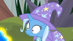 Size: 1680x944 | Tagged: safe, screencap, trixie, bee, flash bee, insect, pony, unicorn, a horse shoe-in, g4, cape, clothes, female, hat, i've made a huge mistake, mare, trixie's cape, trixie's hat